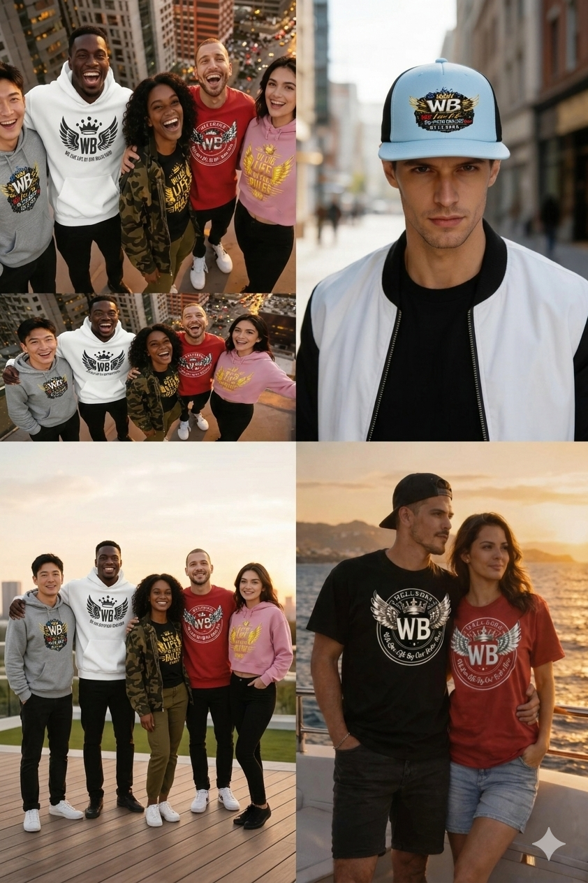 Collage of people wearing WB branded clothing in various settings